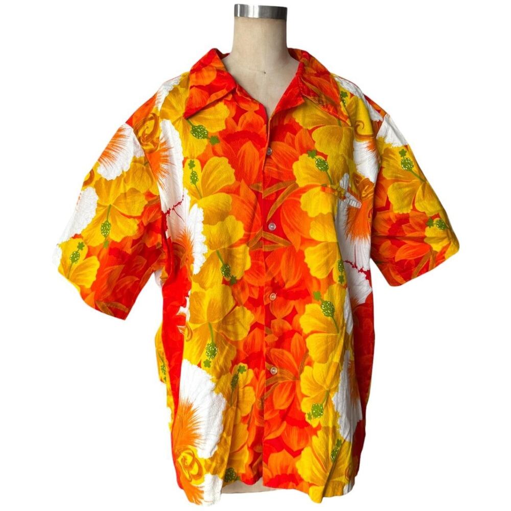 Rare vintage 60s Original Orange and Yellow Crinkle Cotton Hawaiian shirt